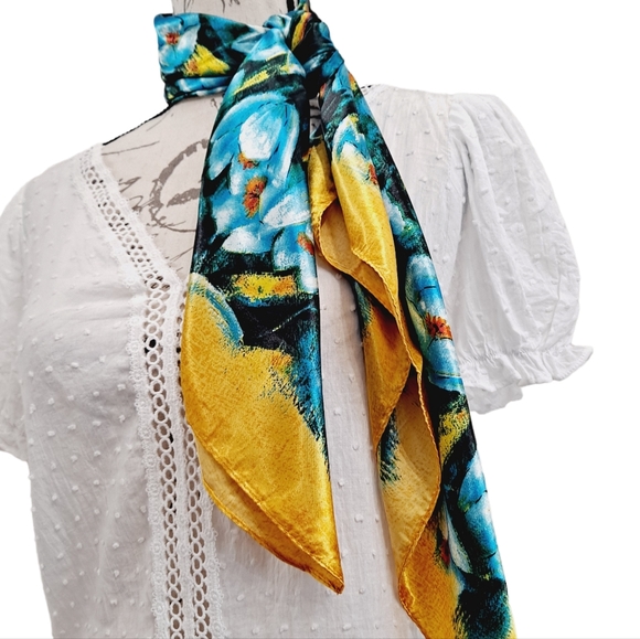 💖 2/$30 Boho blue yellow Floral square satin hair head & neck scarf - Picture 6 of 12